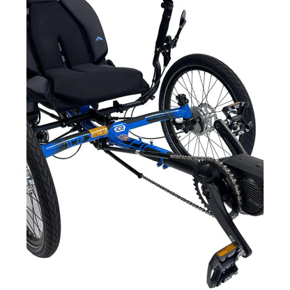 Closeup angled side view of the ICE Adventure 26 RS Shimano STEPS EP801 Compact Blue Recumbent Trike against a white background.