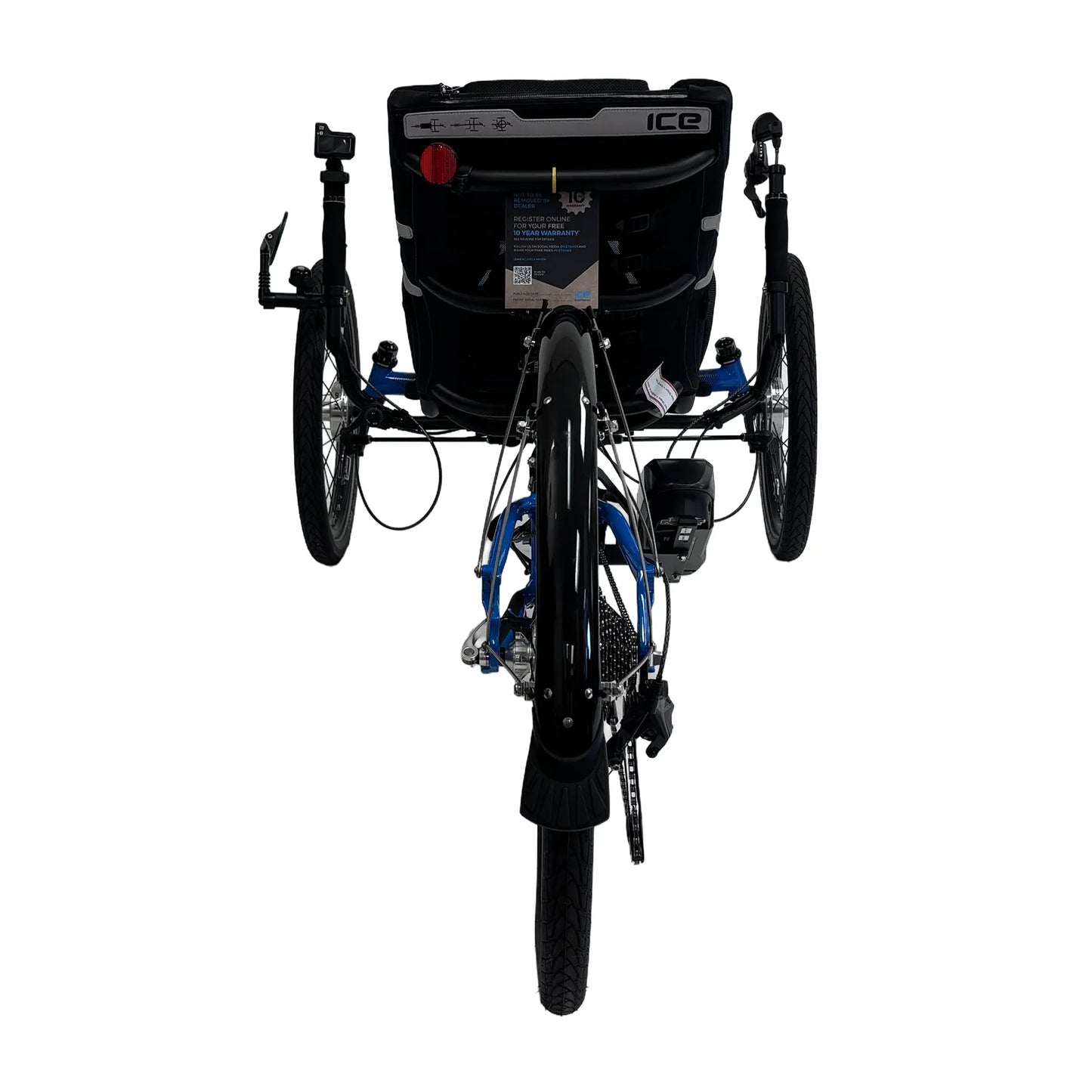 Rear view of the ICE Adventure 26 RS Shimano STEPS EP801 Compact Blue Recumbent Trike against a white background.
