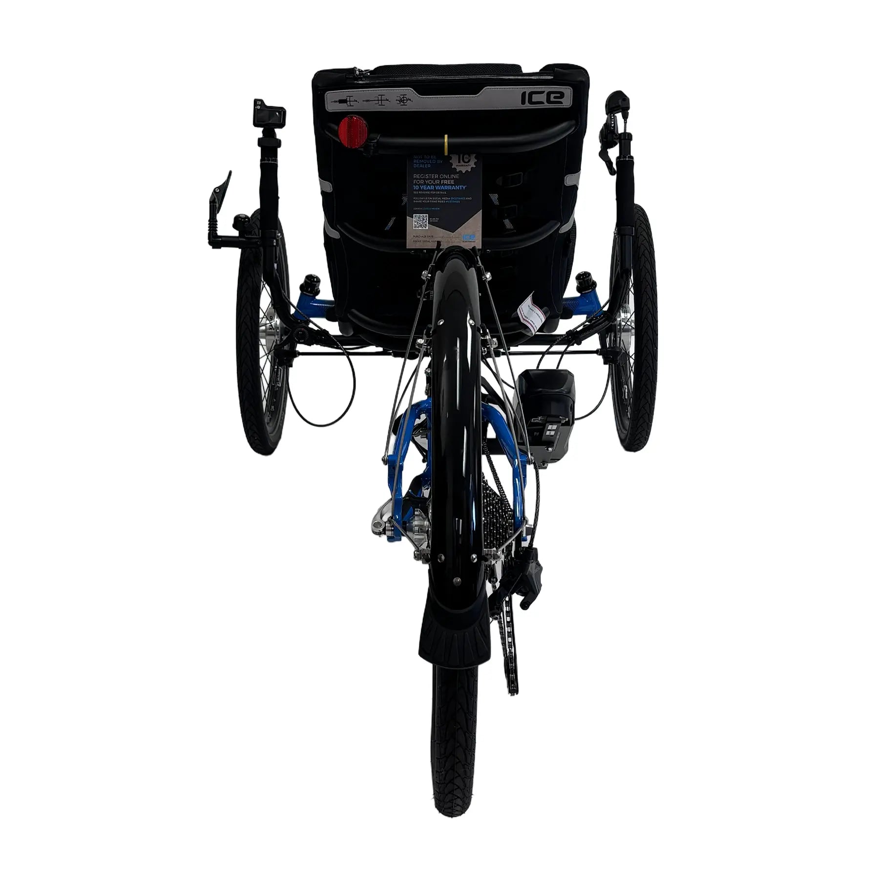 Rear view of the ICE Adventure 26 RS Shimano STEPS EP801 Compact Blue Recumbent Trike against a white background.