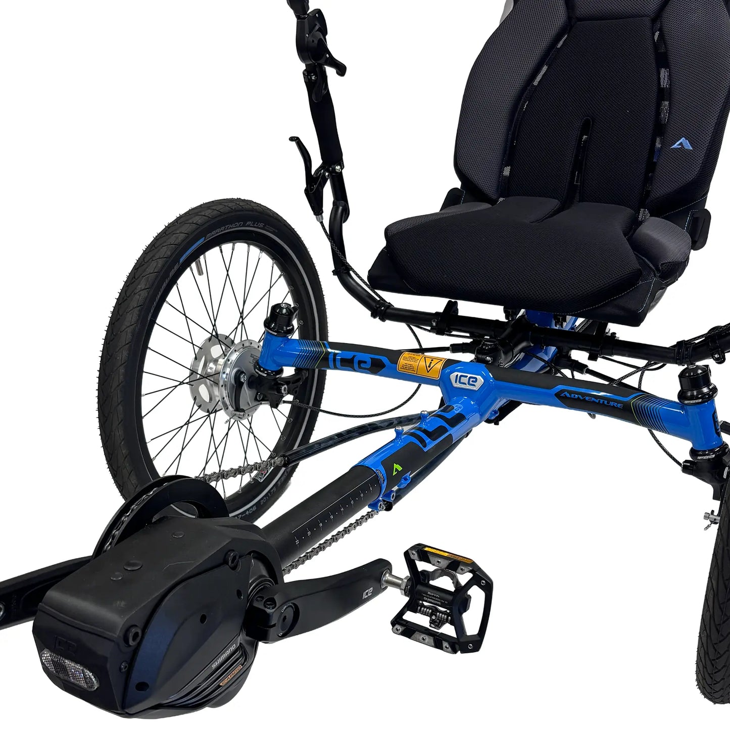 Second closeup angled side view of the ICE Adventure 26 RS Shimano STEPS EP801 Compact Blue Recumbent Trike against a white background.