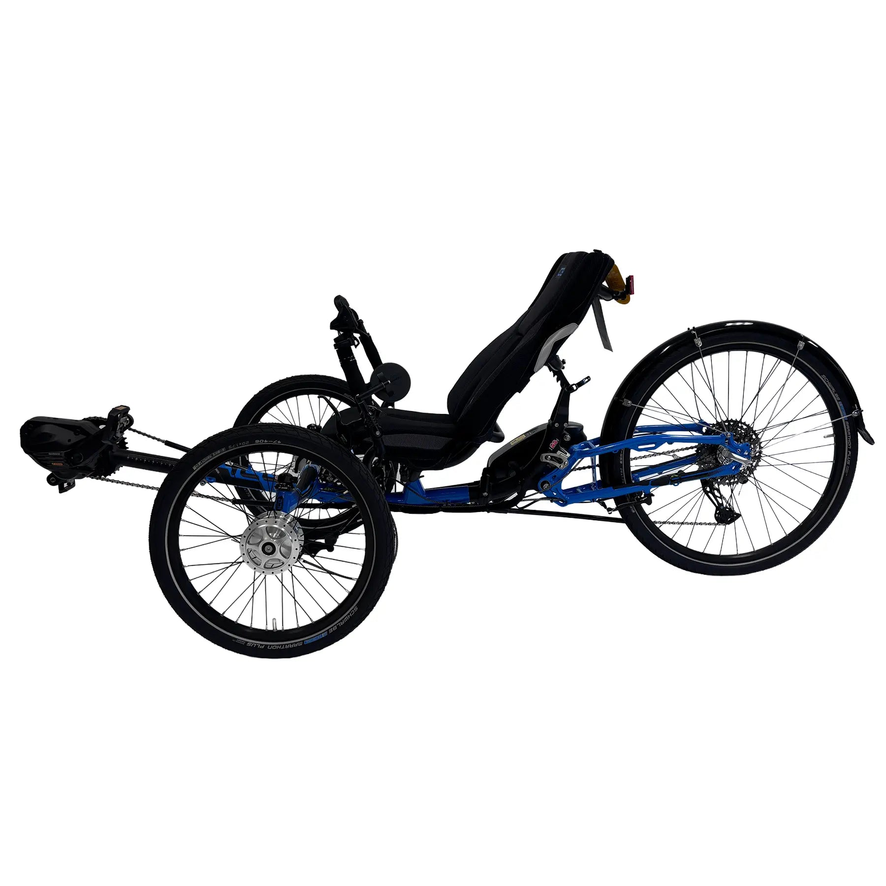 Non-drive side view of the ICE Adventure 26 RS Shimano STEPS EP801 Compact Blue Recumbent Trike against a white background.