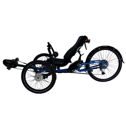 Non-drive side view of the ICE Adventure 26 RS Shimano STEPS EP801 Compact Blue Recumbent Trike against a white background.