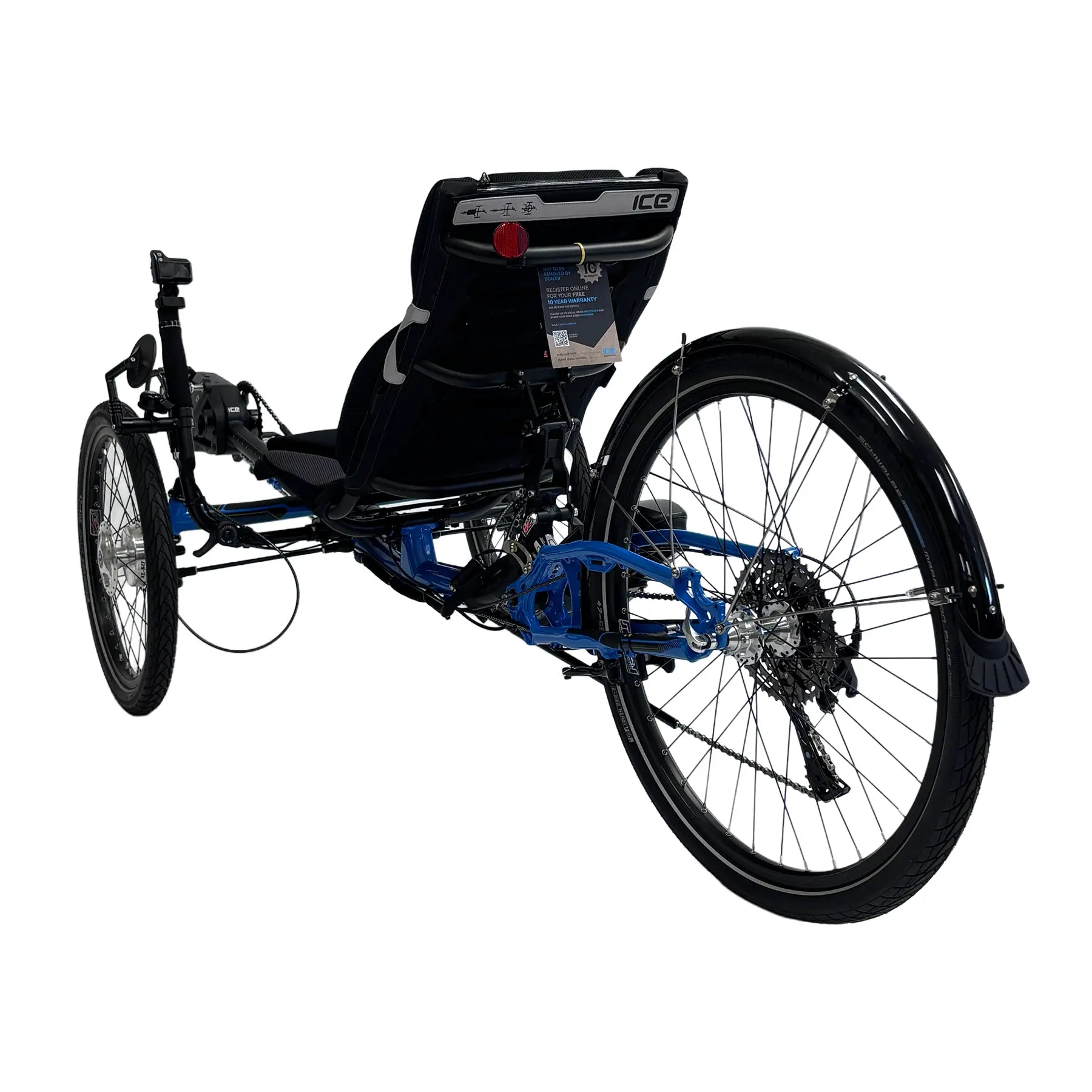 Rear angled side view of the ICE Adventure 26 RS Shimano STEPS EP801 Compact Blue Recumbent Trike against a white background.