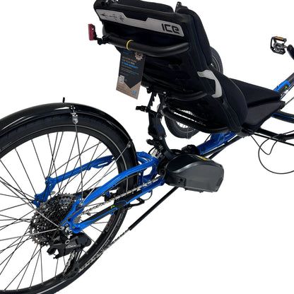 Closeup rear angled view of the ICE Adventure 26 RS Shimano STEPS EP801 Compact Blue Recumbent Trike against a white background.