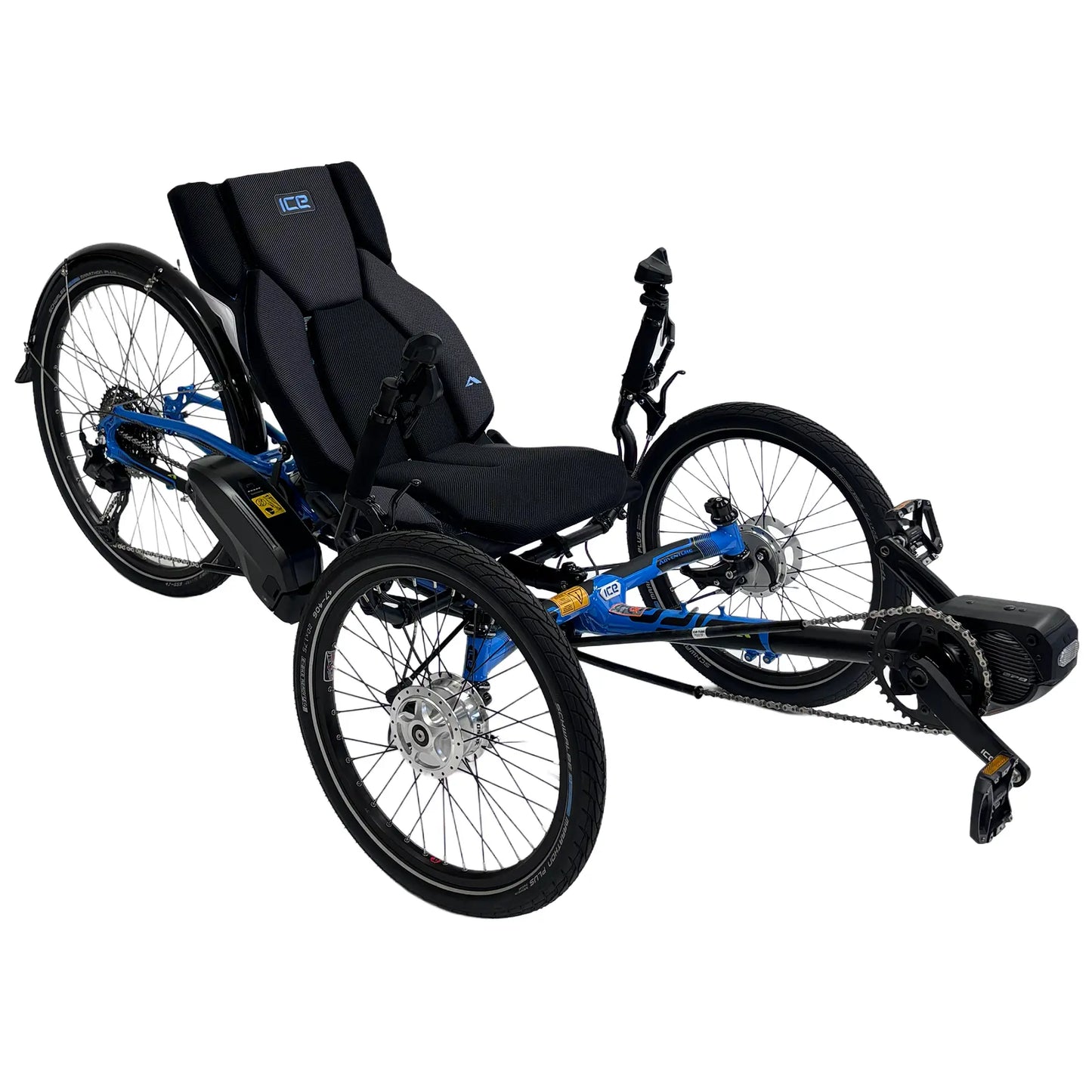 Angled side view of the ICE Adventure 26 RS Shimano STEPS EP801 Compact Blue Recumbent Trike against a white background.