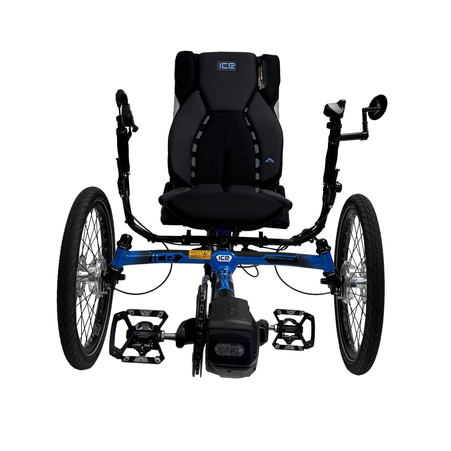 Front view of the ICE Adventure 26 Shimano STEPS EP801 Compact Blue Recumbent Trike against a white background.
