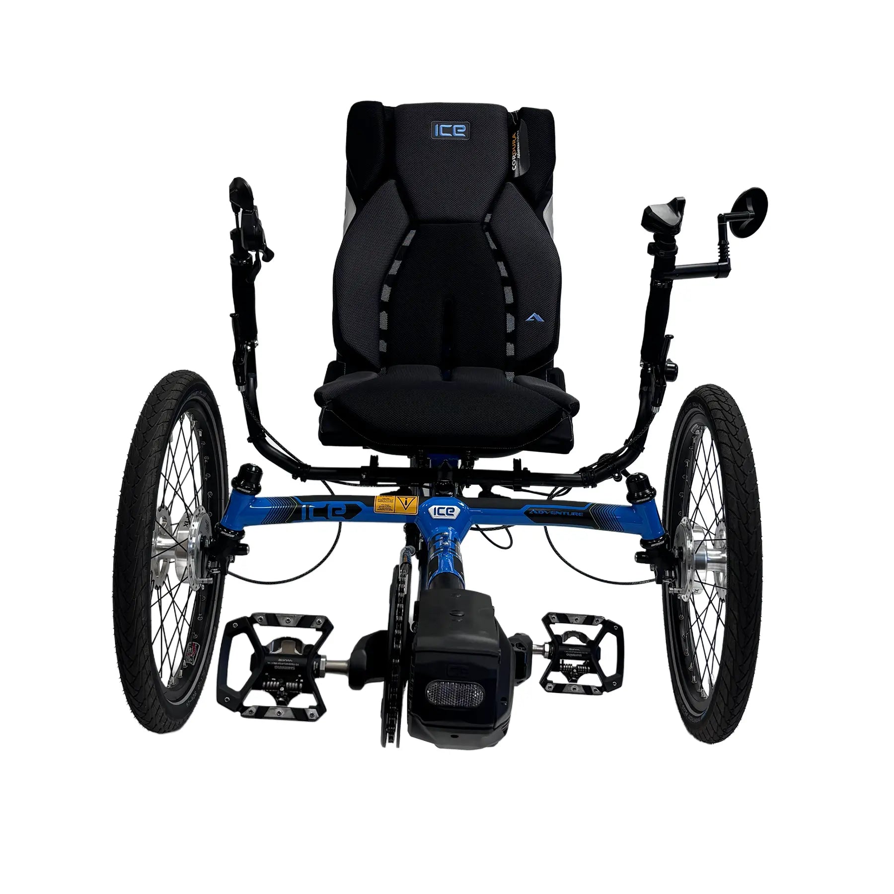 Front view of the ICE Adventure 26 Shimano STEPS EP801 Compact Blue Recumbent Trike against a white background.