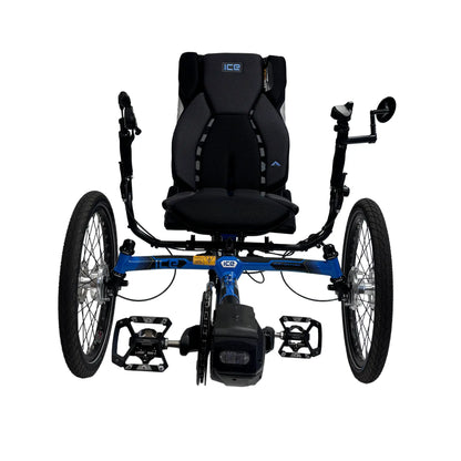 Front view of the ICE Adventure 26 Shimano STEPS EP801 Compact Blue Recumbent Trike against a white background.