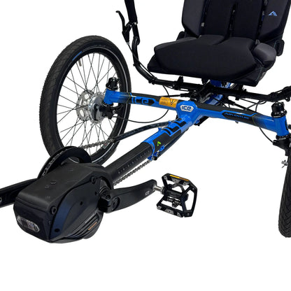 Front closeup view of the ICE Adventure 26 Shimano STEPS EP801 Compact Blue Recumbent Trike against a white background.