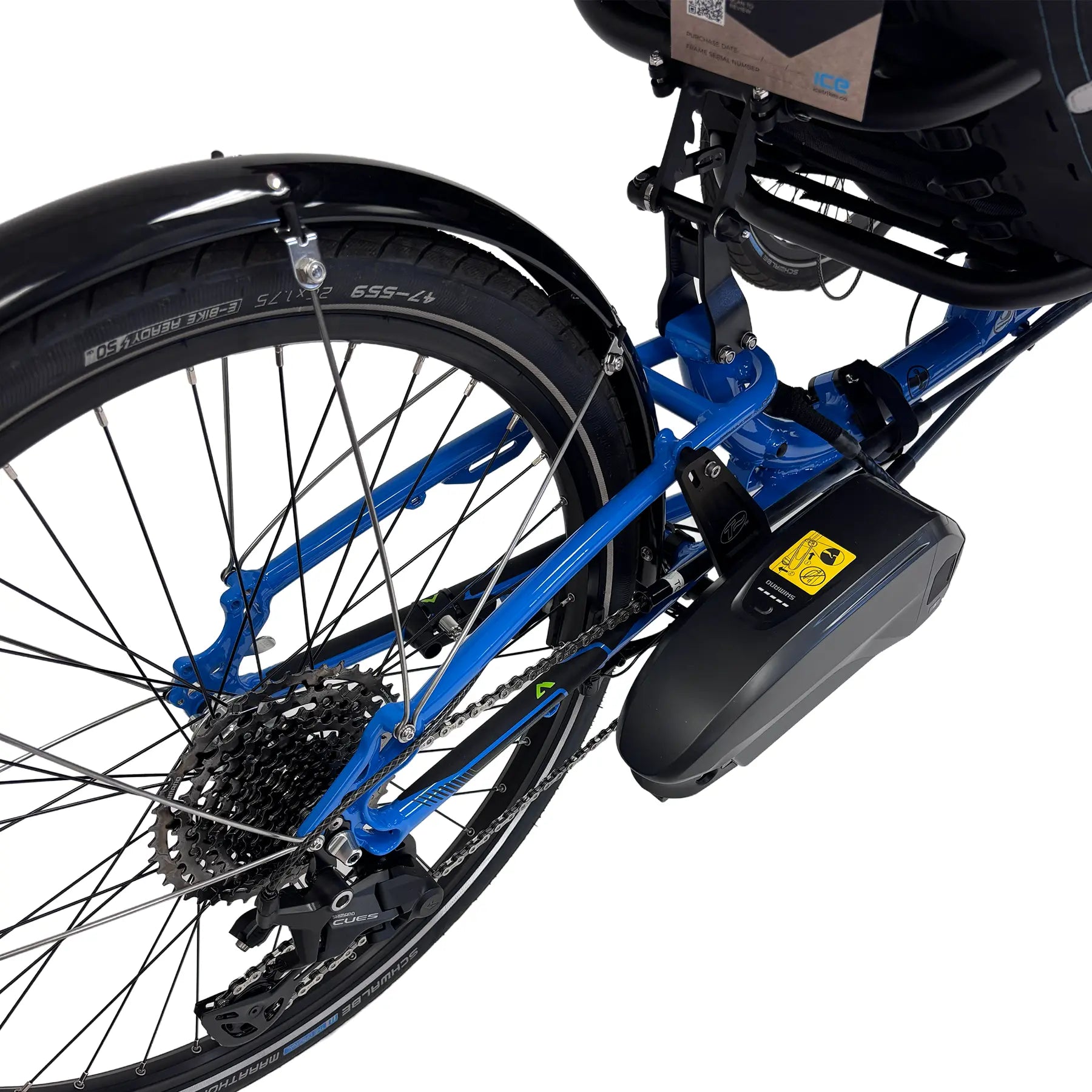 Closeup rear view of the ICE Adventure 26 Shimano STEPS EP801 Compact Blue Recumbent Trike against a white background.