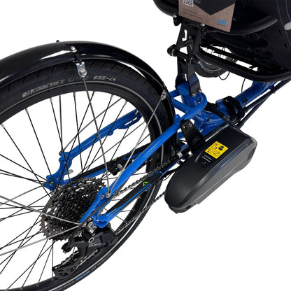 Closeup rear view of the ICE Adventure 26 Shimano STEPS EP801 Compact Blue Recumbent Trike against a white background.