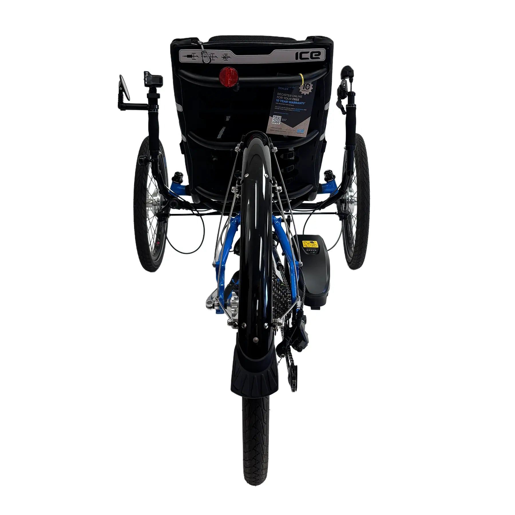 Rear view of the ICE Adventure 26 Shimano STEPS EP801 Compact Blue Recumbent Trike against a white background.