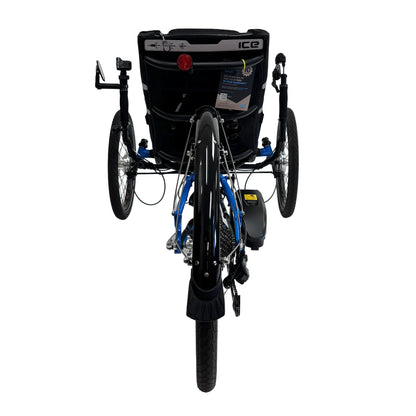 Rear view of the ICE Adventure 26 Shimano STEPS EP801 Compact Blue Recumbent Trike against a white background.