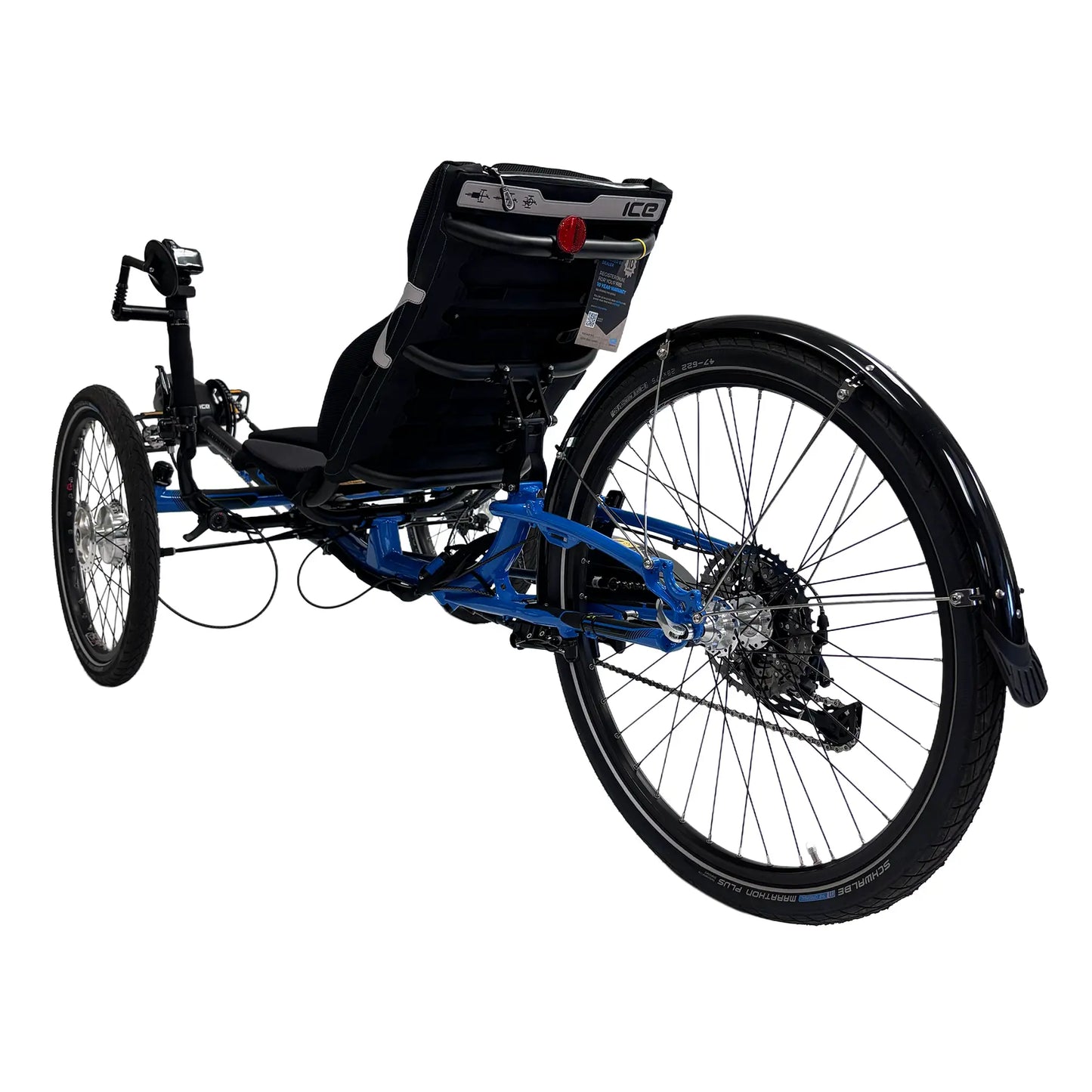 Angled rear view of the ICE Adventure 26 Shimano STEPS EP801 Compact Blue Recumbent Trike against a white background.