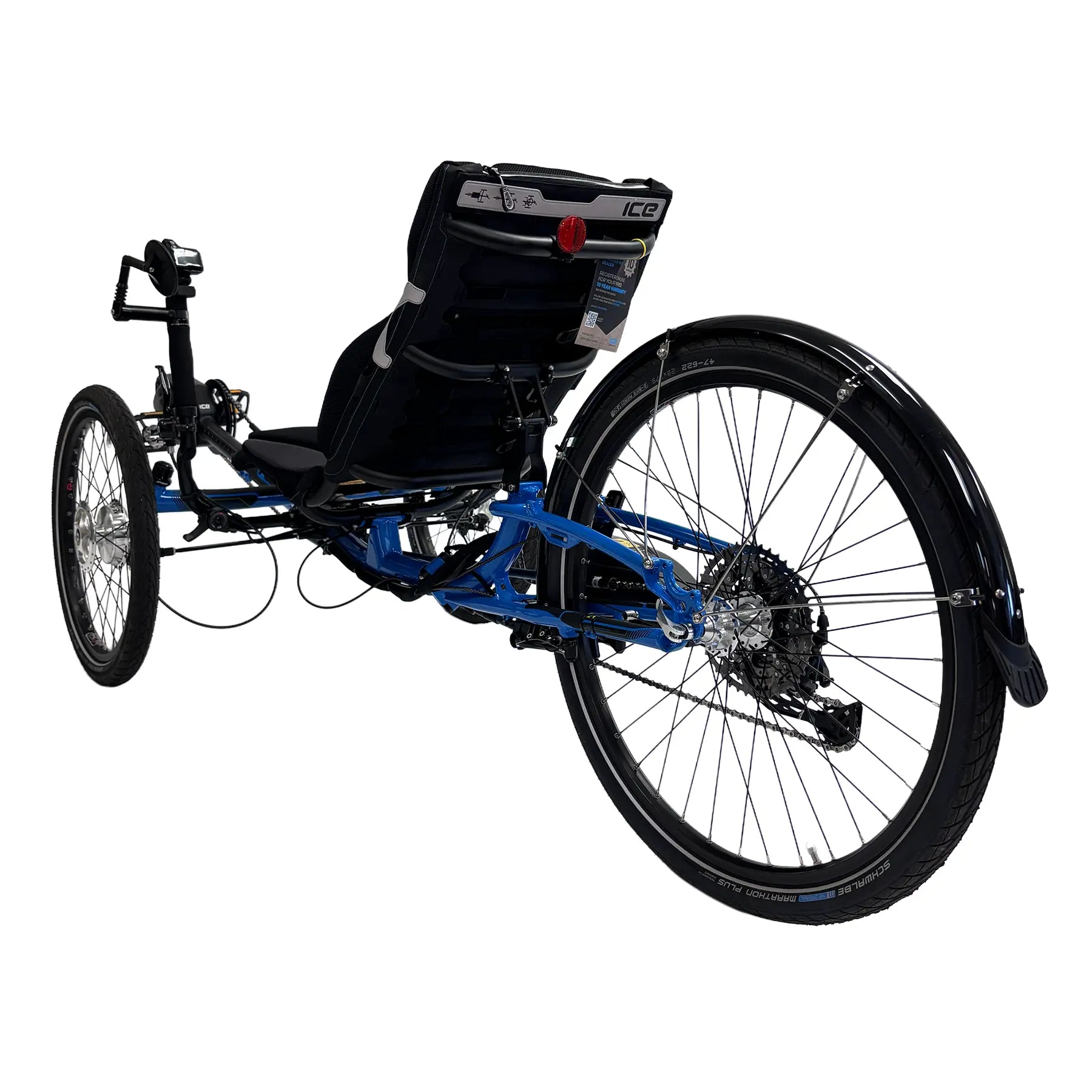 Angled rear view of the ICE Adventure 26 Shimano STEPS EP801 Compact Blue Recumbent Trike against a white background.
