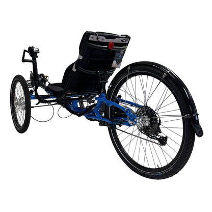 Angled rear view of the ICE Adventure 26 Shimano STEPS EP801 Compact Blue Recumbent Trike against a white background.