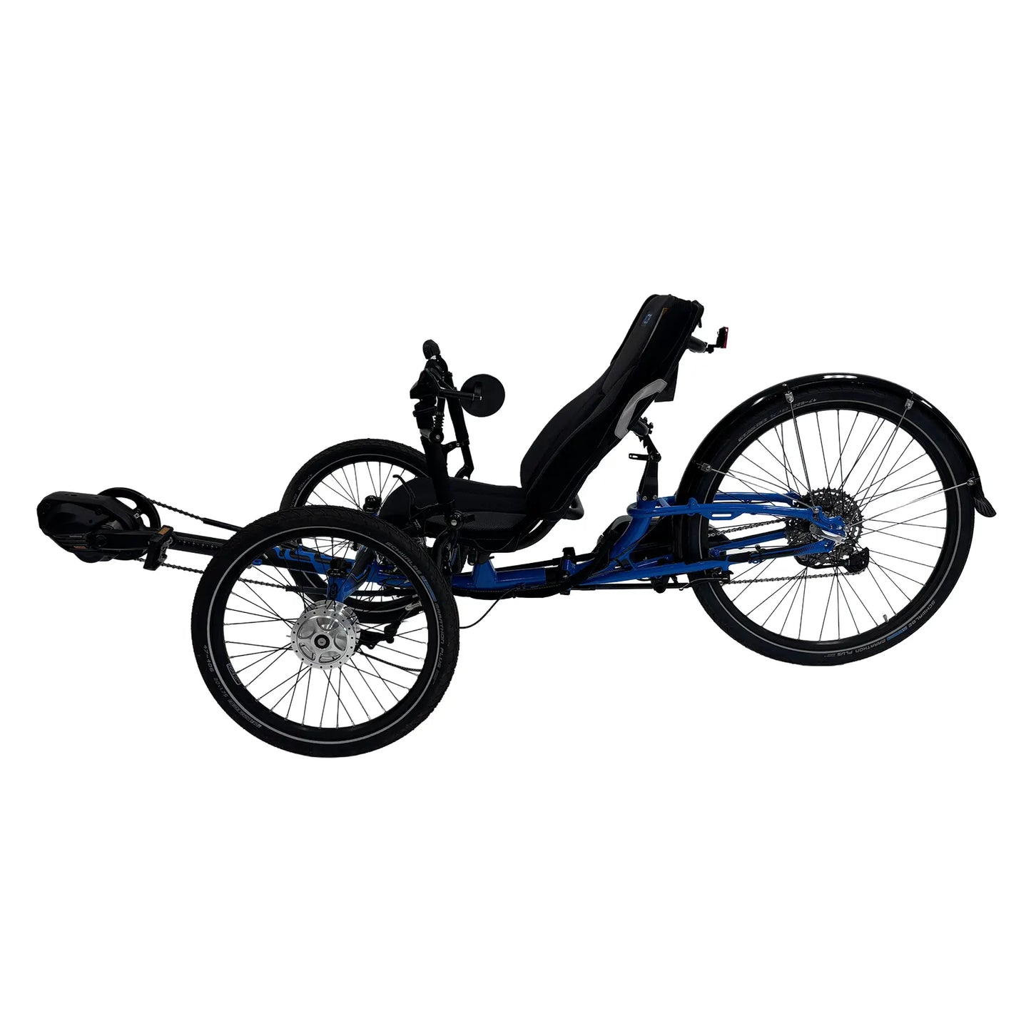 Non-drive side view of the ICE Adventure 26 Shimano STEPS EP801 Compact Blue Recumbent Trike against a white background.