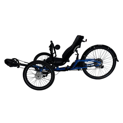 Non-drive side view of the ICE Adventure 26 Shimano STEPS EP801 Compact Blue Recumbent Trike against a white background.