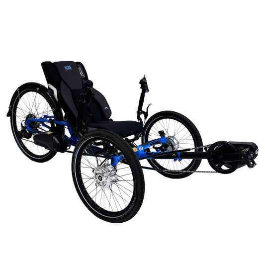 Angled side view of the ICE Adventure 26 Shimano STEPS EP801 Compact Blue Recumbent Trike against a white background.