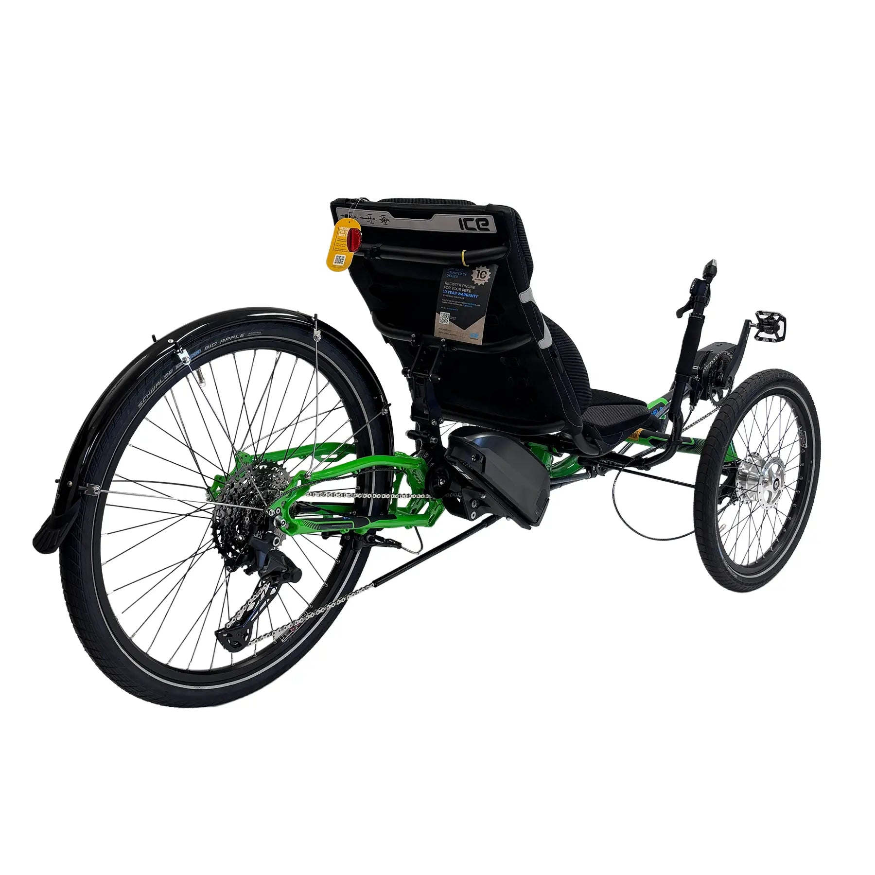 Angled rear view of the ICE Adventure HD 26 RS Shimano STEPS EP801 Kiwi Green Recumbent Trike against a white background.