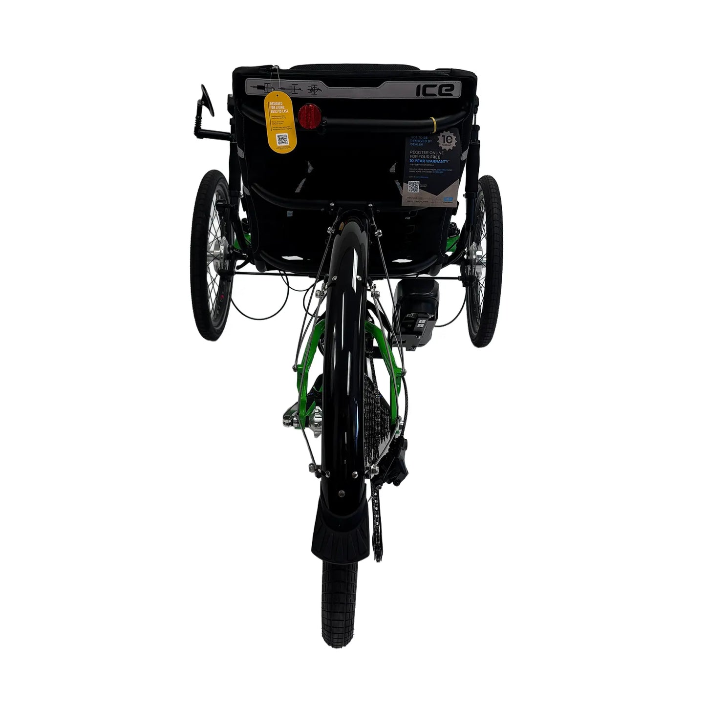 Rear view of the ICE Adventure HD 26 RS Shimano STEPS EP801 Kiwi Green Recumbent Trike against a white background.