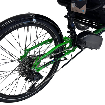 Closeup view of the battery and rear wheel on the ICE Adventure HD 26 RS Shimano STEPS EP801 Kiwi Green Recumbent Trike against a white background.