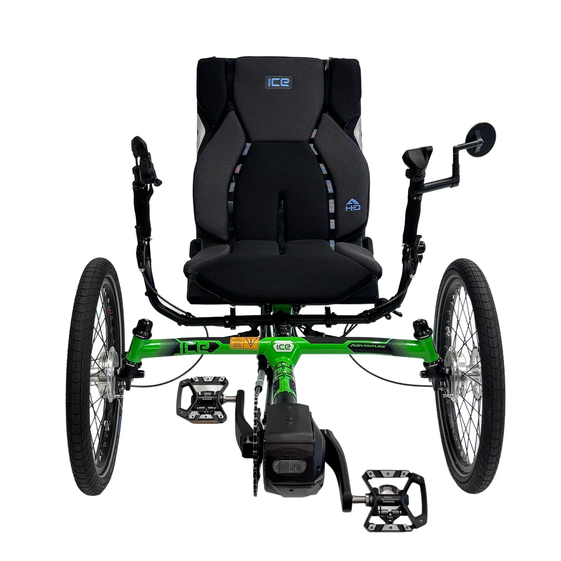 Front view of the ICE Adventure HD 26 RS Shimano STEPS EP801 Kiwi Green Recumbent Trike against a white background.
