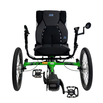 Front view of the ICE Adventure HD 26 RS Shimano STEPS EP801 Kiwi Green Recumbent Trike against a white background.