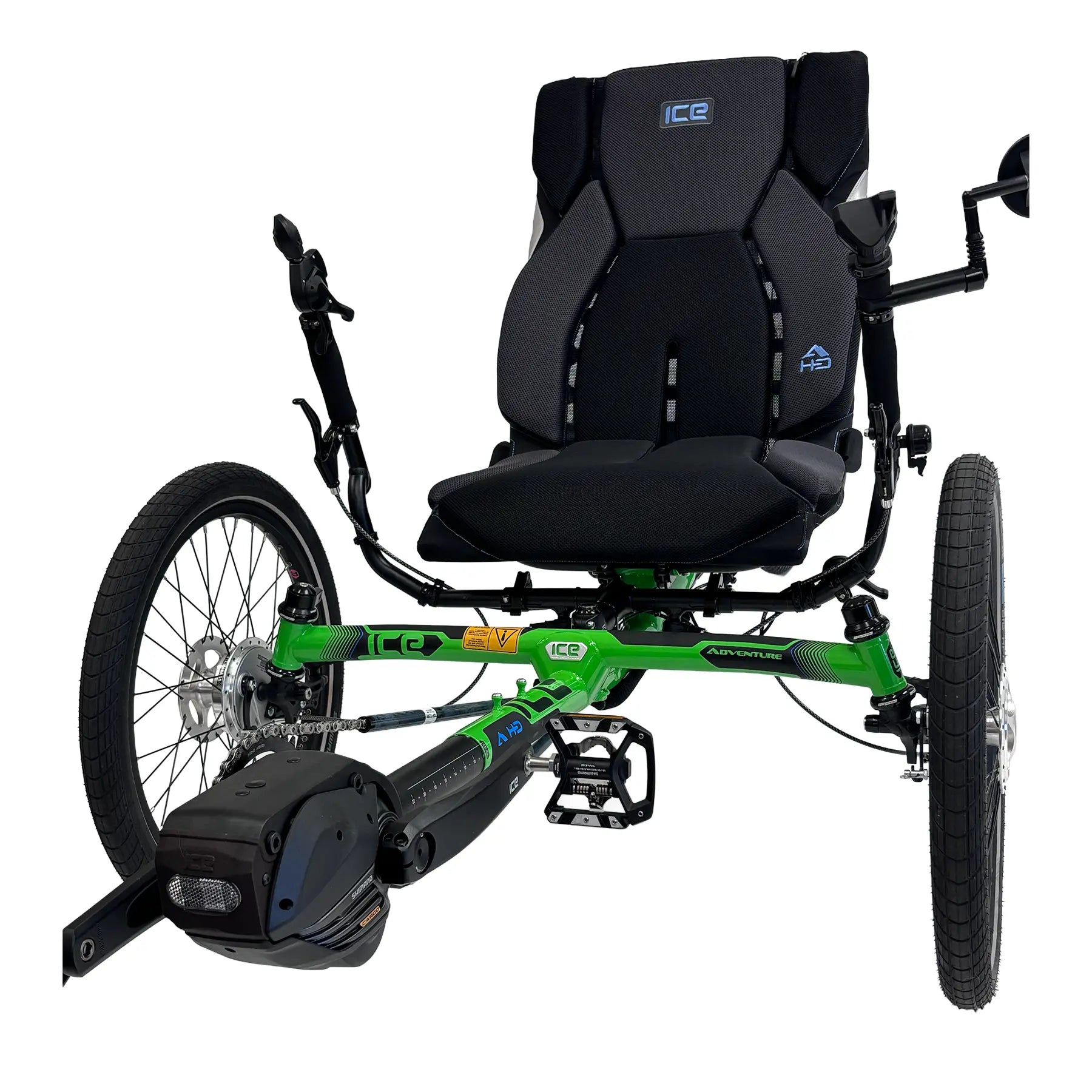 Angled side view of the ICE Adventure HD 26 RS Shimano STEPS EP801 Kiwi Green Recumbent Trike against a white background.