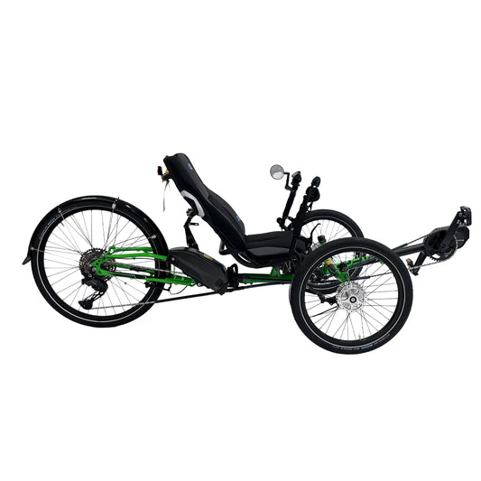 Side view of the ICE Adventure HD 26 RS Shimano STEPS EP801 Kiwi Green Recumbent Trike against a white background.