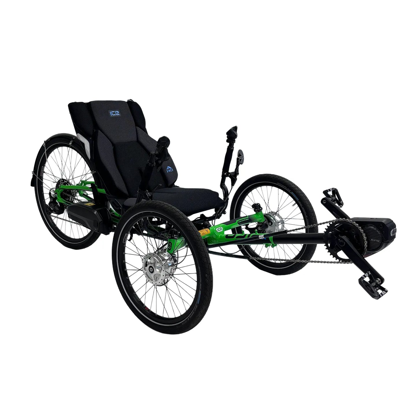 Angled side view of the ICE Adventure HD 26 Shimano STEPS EP801 Kiwi Green Recumbent Trike against a white background.
