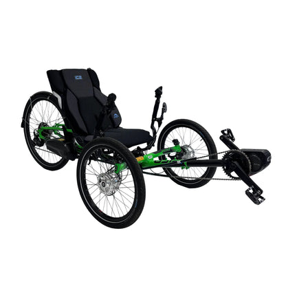 Angled side view of the ICE Adventure HD 26 Shimano STEPS EP801 Kiwi Green Recumbent Trike against a white background.