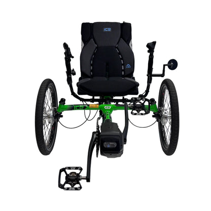 Front view of the ICE Adventure HD 26 Shimano STEPS EP801 Kiwi Green Recumbent Trike against a white background.