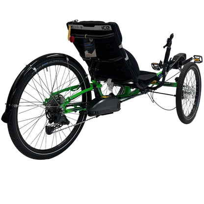 Angled rear view of the ICE Adventure HD 26 Shimano STEPS EP801 Kiwi Green Recumbent Trike against a white background.