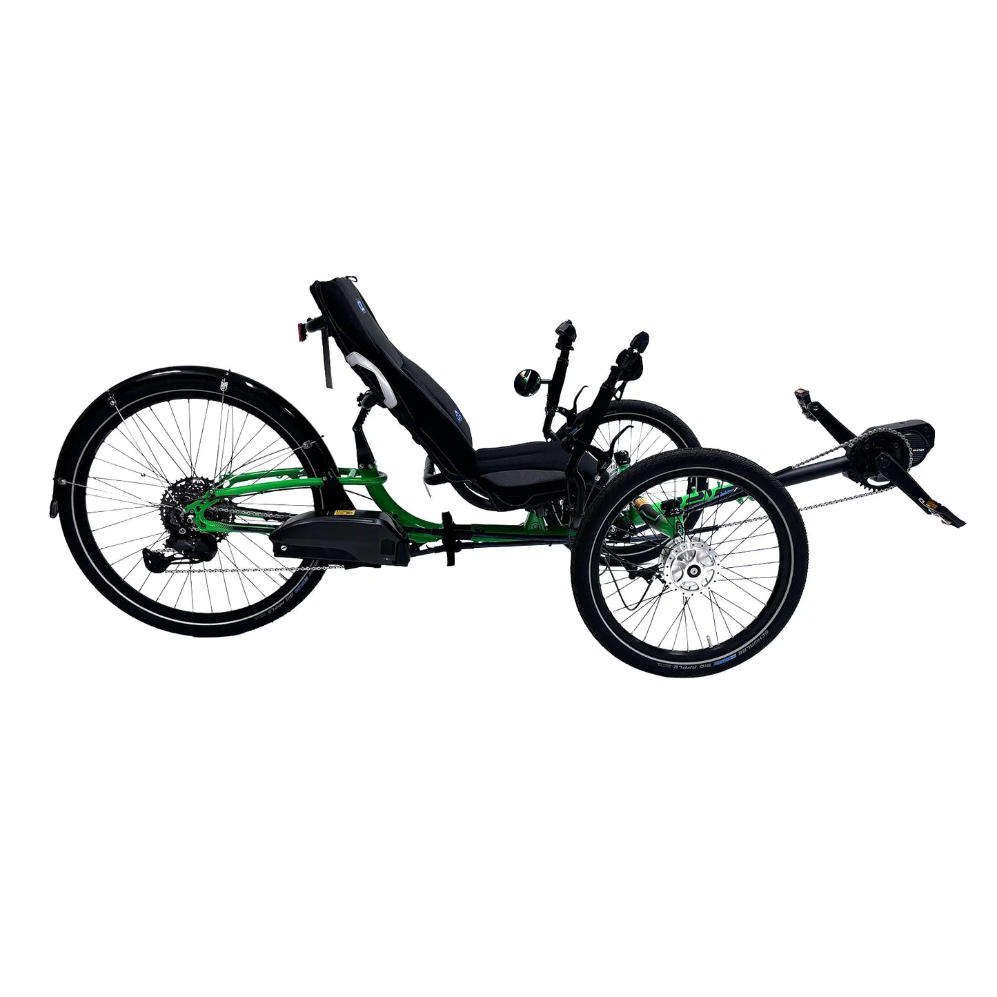 Side view of the ICE Adventure HD 26 Shimano STEPS EP801 Kiwi Green Recumbent Trike against a white background.