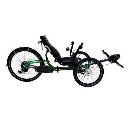 Side view of the ICE Adventure HD 26 Shimano STEPS EP801 Kiwi Green Recumbent Trike against a white background.