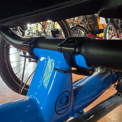 View of the ICE Bottom Quick Release Seat Clamps on a blue ICE Adventure seat and frame.