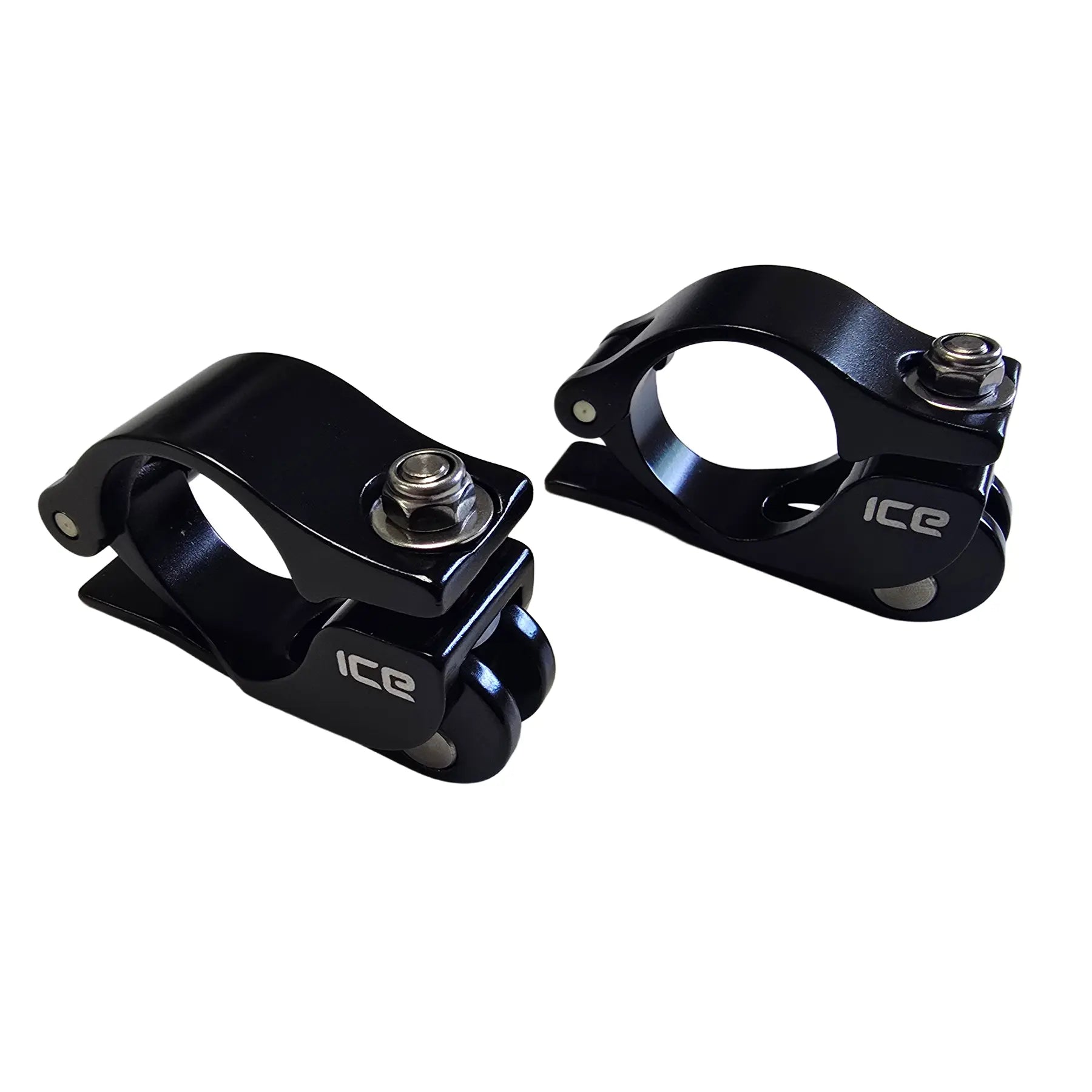 Angled side view of the ICE Bottom Quick Release Seat Clamps in black against a white background.