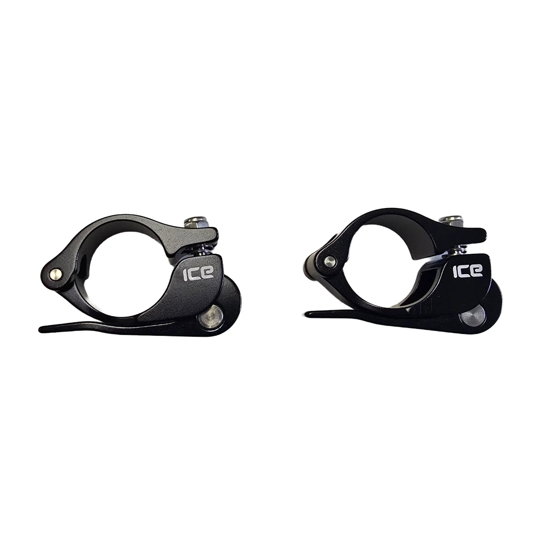 Side view of the ICE Bottom Quick Release Seat Clamps in black against a white background.