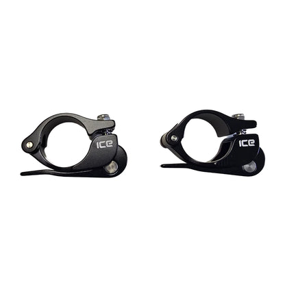 Side view of the ICE Bottom Quick Release Seat Clamps in black against a white background.