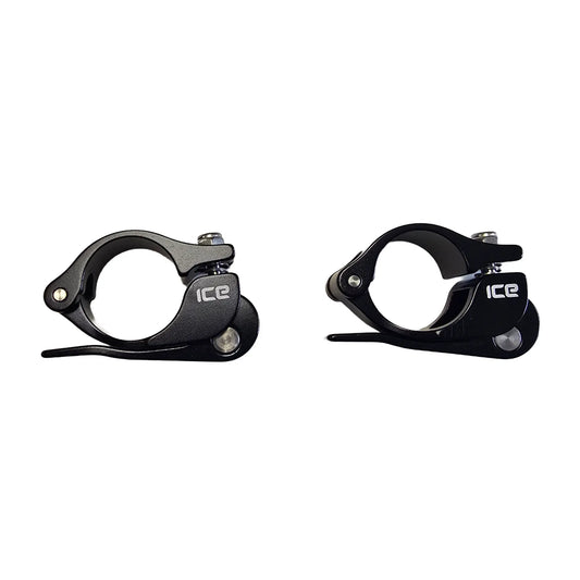 Side view of the ICE Bottom Quick Release Seat Clamps in black against a white background.