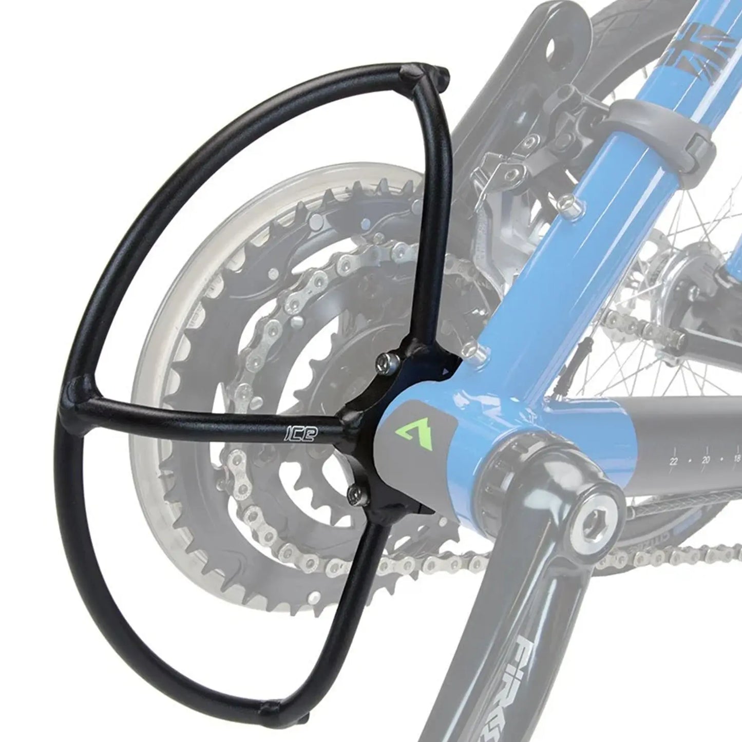View of the ICE Chainring Guard in black installed on a blue ICE 
Trike against a white background.