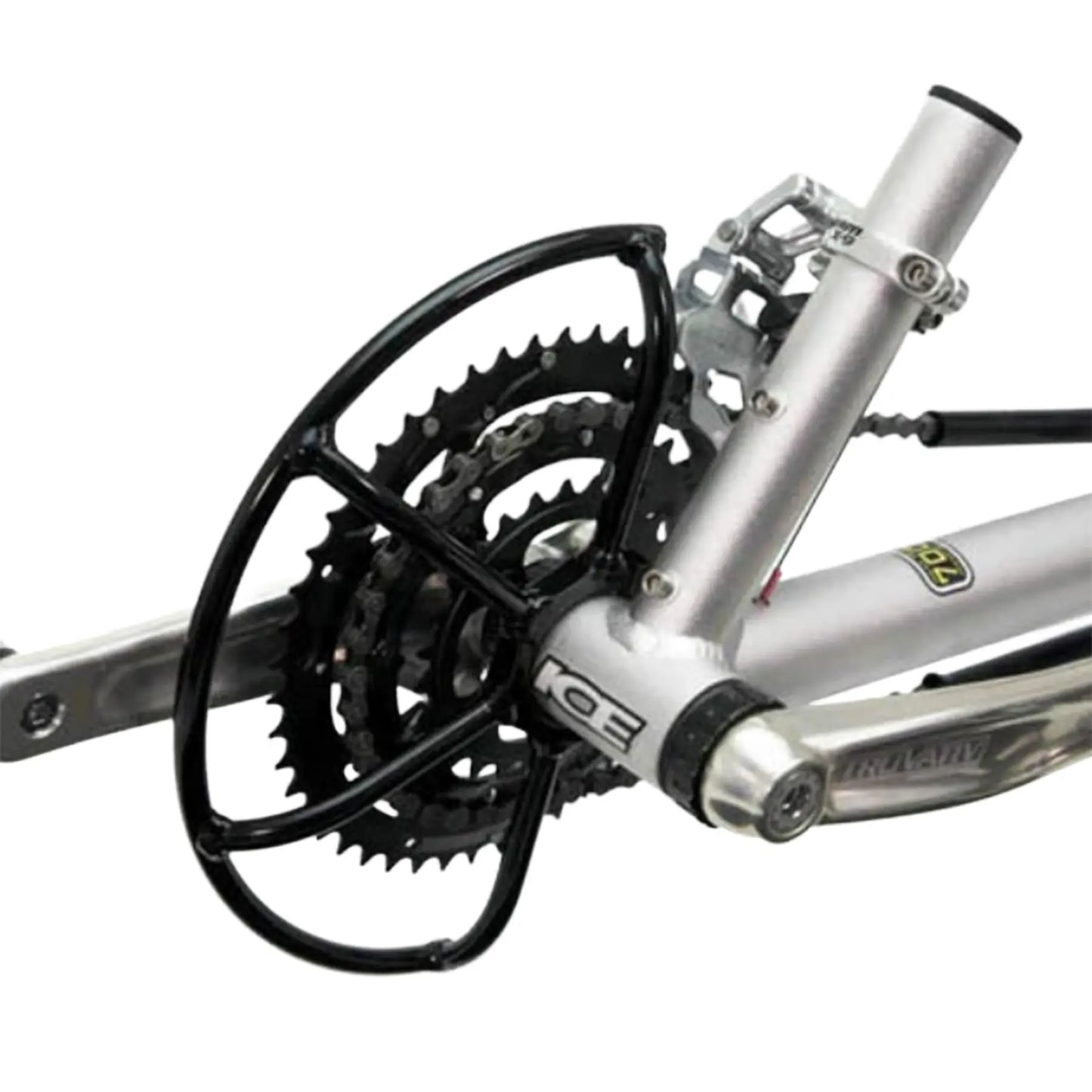 View of the ICE Chainring Guard in black installed on a silver ICE 
Trike against a white background.
