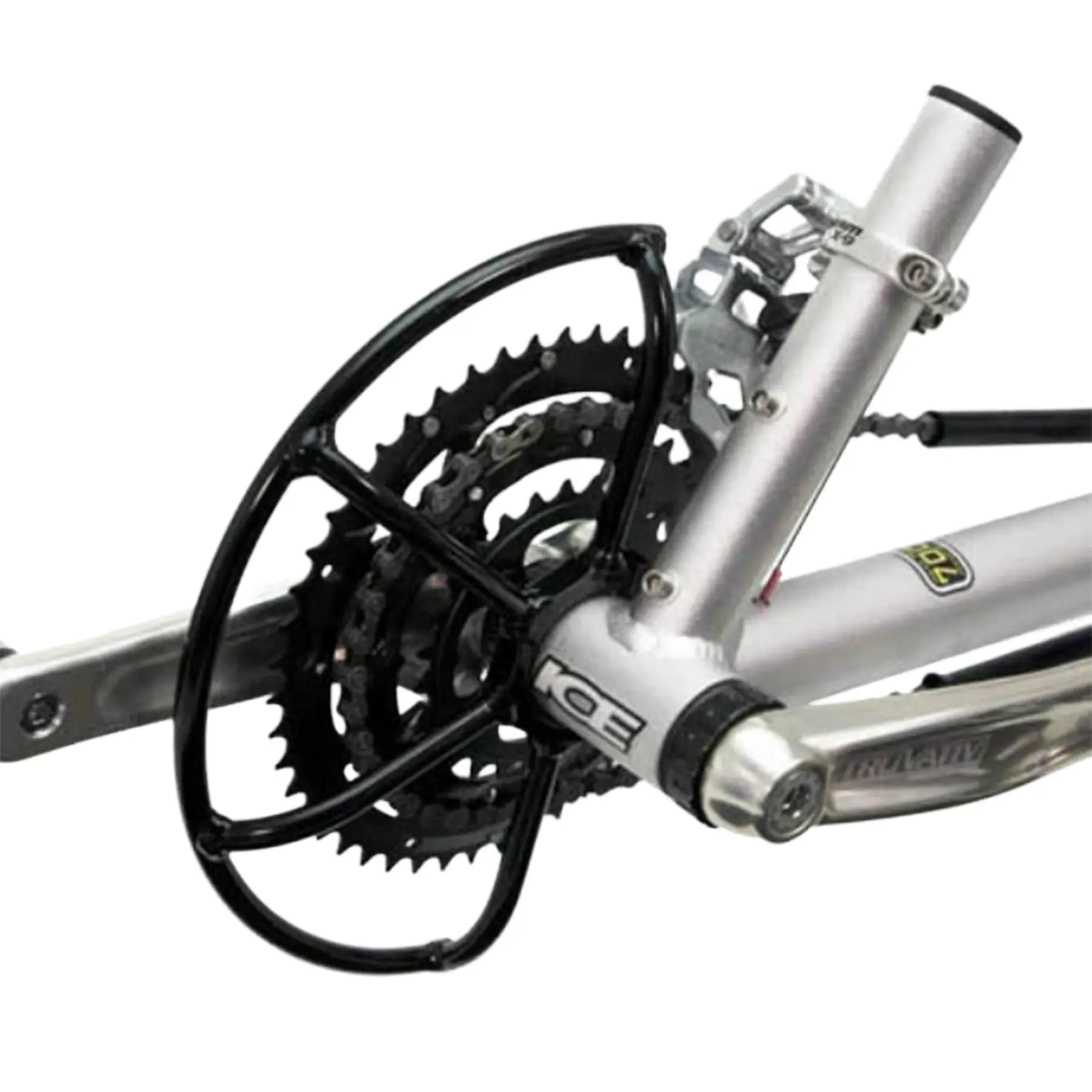View of the ICE Chainring Guard in black installed on a silver ICE 
Trike against a white background.