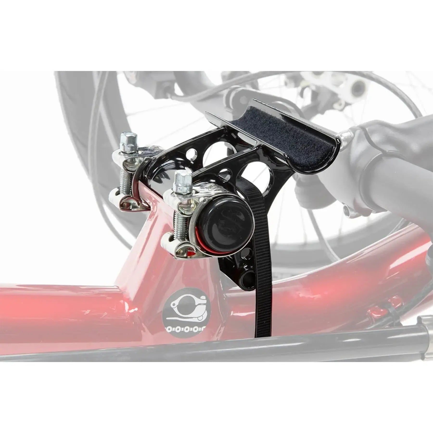 Image of the ICE Further Forward Seat Bracket For Short Riders in black mounted on a trike against a white background.