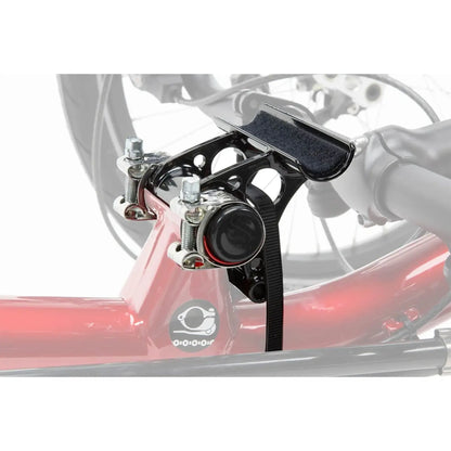 Image of the ICE Further Forward Seat Bracket For Short Riders in black mounted on a trike against a white background.