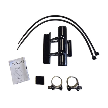 Image of the ICE Further Forward Seat Bracket For Short Riders in black with clamps, Velcro, zip ties and directions against a white background.
