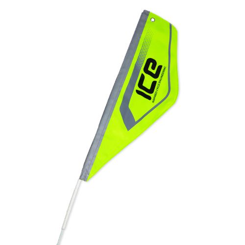 ICE Reflective Safety Flag in bright neon yellow with grey reflective material along the pole and imprinted on the flag. A black ICE logo is in the center of the flag.
