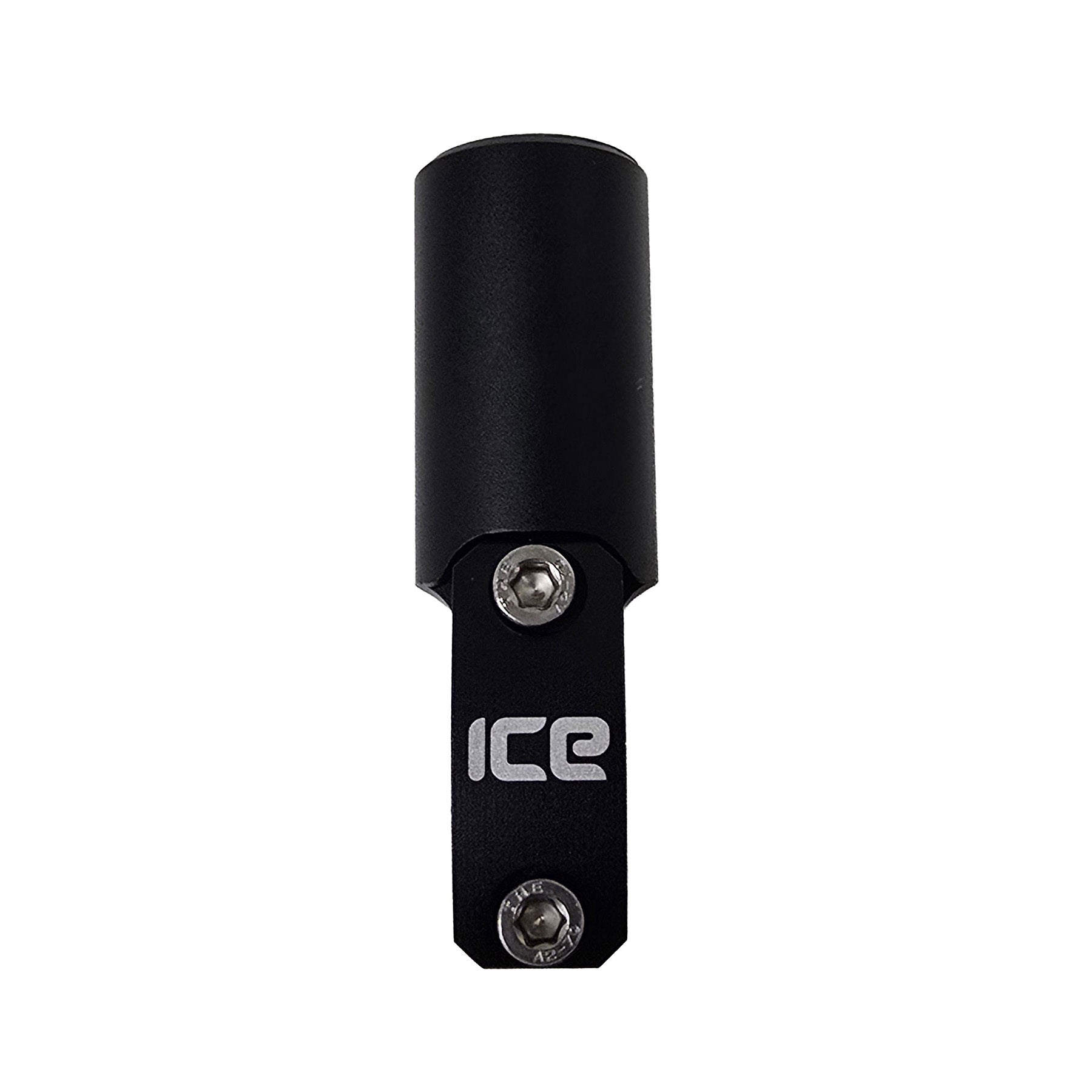Front view of the ICE Seat Rail Light Mount in black with a white ICE logo against a white background.