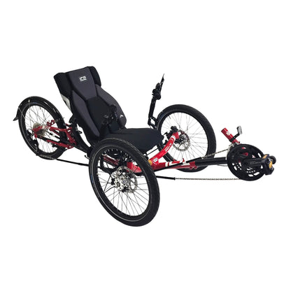 Angled side view of the ICE Sprint Pixel RS Passion Red Recumbent Trike against a white background.
